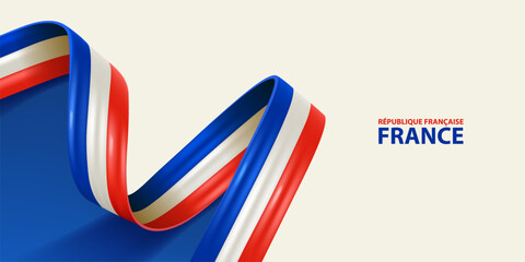 France ribbon flag. Bent waving ribbon in colors of the France national flag. National flag background.