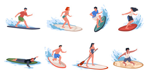 Beach surfers. Happy young athletes dissect waves with boards, summer beach extreme sea sport, active people surf ocean, men and women in swimsuits, nowaday vector cartoon flat set - obrazy, fototapety, plakaty