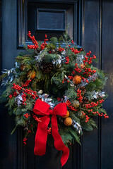 Christmas wreath of fir branches with decorations hanging on the wall of the house