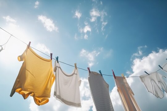  clothes hanging on a clothes line with the sun shining through the clouds in the sky behind them and a blue sky with clouds in the background.  generative ai