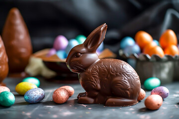 Lapin en chocolat, fête de Pâques, IA generative.
