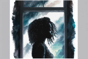 A black woman peers out of a window her strong frame silhouetted against the starless sky.. AI generation.