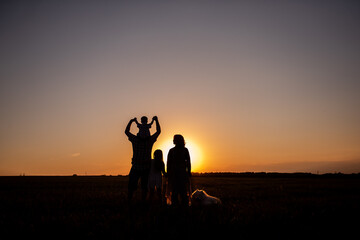 Silhouette of family with Samoyed dog at sunset. Faceless, people standing with backs to camera.