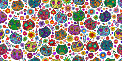 Day of the Dead skulls pattern. Mexican dead Cat. Dia de los muertos print. Day of the dead and Mexican tradition festival. Day of the dead sugar skull isolated. Dia de los Muertos tattoo skulls.