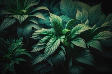 Naklejka na ściany i meble Soothing shades of green plants on green background. AI generated