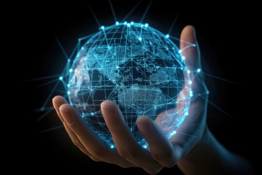 Blue virtual global Network in Hand - Globalization with world wide information exchange - generative ai