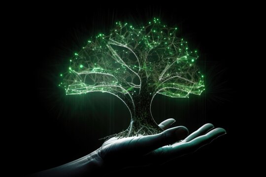 Green Virtual Network in Shape of a Tree in Hand - Sustainability Data Visualization - generative ai
