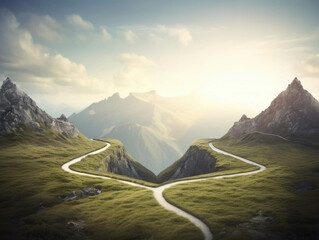 Two twisted paths merging together to ascend a mountain of achievement. AI generation.