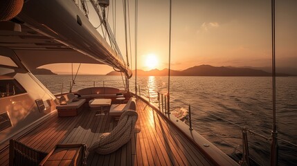 Sailboat is on the water with the sun setting in the background. The boat has a large deck with a lounge area and a dining table. Scene is peaceful and relaxing