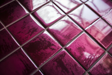 A close up of glossy magenta tiles with a smooth texture. Trendy color of 2023 Viva Magenta.. AI generation.