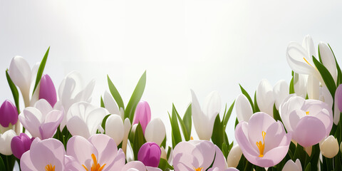 Spring flowers on white background banner, website header with copyspace. Colorful flowers for Mother's day, Women's Day, Birthday card, Easter. Generative AI.