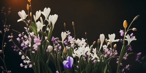 Spring flowers on black background banner, website header with copyspace. Colorful flowers for Mother's day, Women's Day, Birthday card, Easter. Generative AI.