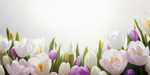 Obraz na płótnie Canvas Spring flowers on white background banner, website header with copyspace. Colorful flowers for Mother's day, Women's Day, Birthday card, Easter. Generative AI.