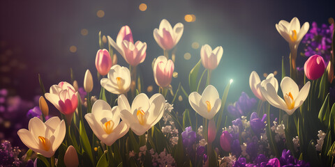 Fototapeta na wymiar Spring flowers on dark background banner, website header with copyspace. Colorful flowers for Mother's day, Women's Day, Birthday card, Easter. Generative AI.