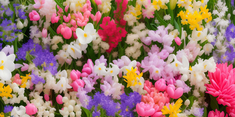 Spring flowers background banner, website header with copyspace. Colorful flowers for Mother's day, Women's Day, Birthday card, Easter. Generative AI.