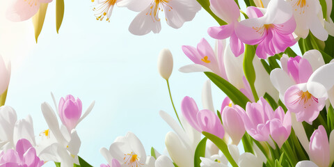 Spring flowers background banner, website header with copyspace. Colorful flowers for Mother's day, Women's Day, Birthday card, Easter. Generative AI.