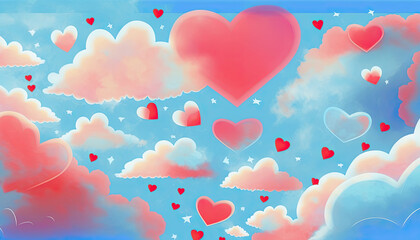 Watercolor hand painted background. Clouds and hearts in pastel colors. Creative background or wallpapers. Wedding, St. Valentine's day or kids concept. Generative AI