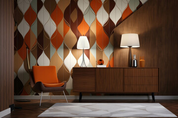 A prominent geometric pattern stands out on the wall bringing the midcentury style to the room.. AI generation.