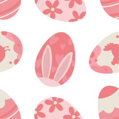 Pattern with Easter eggs. Vector pattern with pink painted Easter eggs. Easter eggs decorated with leaves.