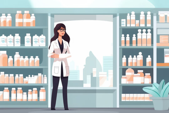 3d render illustration of a female pharmacist in a white coat, wearing glasses, in the middle of a pharmacy; concept of a business in the pharmaceutical field, geneartive ai