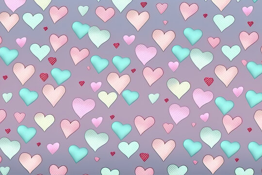 Watercolor hand painted pattern. Background with hearts in warm pastel colors. Pink and light blue colors. Background or wallpapers. Wedding decorations or on St. Valentine's day. Generative AI