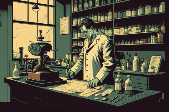 Scientist working on a microscope, retro AI illustration