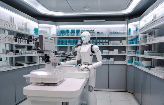 Humanoid robot that works in a pharmaceutical laboratory; concept of health care and disease prevention, generative ai
