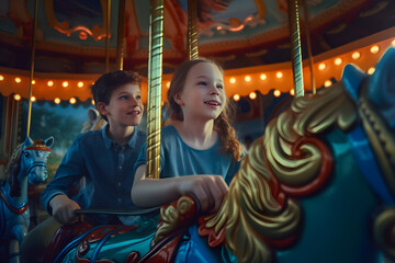 Happy boy and girl riding horses in an amusement park ride a carousel in summer, vintage classic horses. Generative AI
