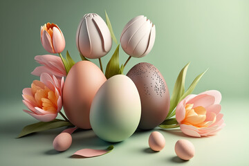 3D Easter colorful eggs with spring flowers on pastel background. Greeting card, banner design. Generated AI