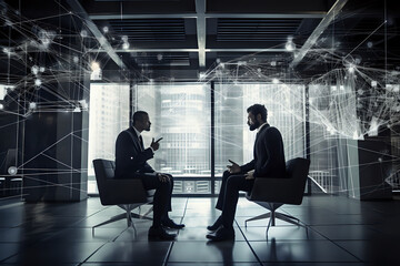 Two businessmen discussing in high-tech office - Illustration AI