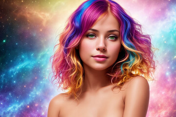 a beautiful woman with multi-colored hair looks at the camera against the backdrop of a colorful cosmic sky with stars and planets, Generative AI