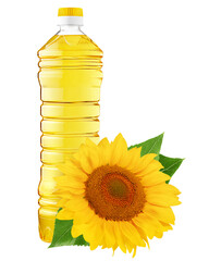 Bottle of sunflower oil and sunflower, isolated on white background, full depth of field