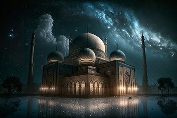 Fototapeta premium Mosque and crescent moon on starry night sky, Ramadan celebration and islamic concept. Ai generated art