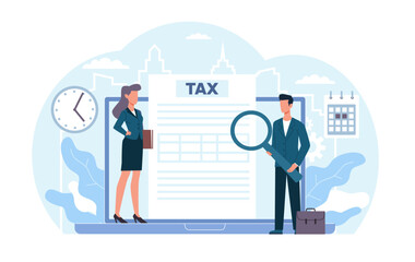 Concept of tax inspector budget analysis, man and woman overseeing compliance with financial laws. Research report and calculation. Cartoon flat isolated characters. Vector illustration