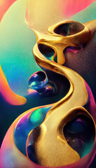 Multicolor neon gold abstract dynami fluid liquid swirls shape background. Trendy psychedelic design. Generative AI