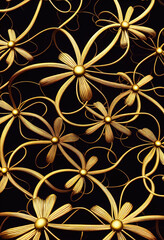 Decorative background with metallic flowers made of filigree gold wire on black. Generative AI