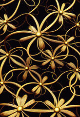 Fototapeta premium Decorative background with metallic flowers made of filigree gold wire on black. Generative AI