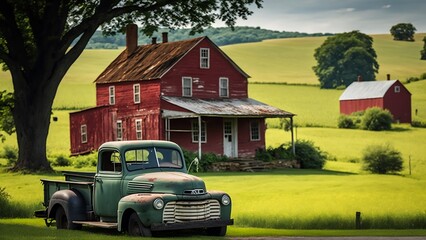 Farmhouse landscape with an old pickup truck. Generative AI. - obrazy, fototapety, plakaty