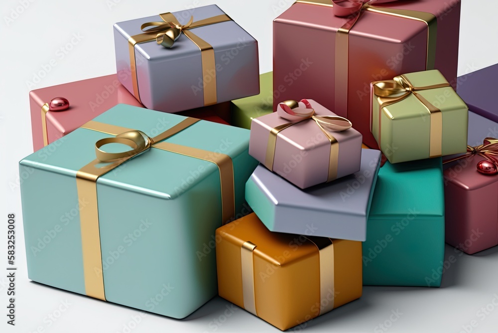 Poster image of stacked colorfully-wrapped present boxes on a white backdrop, in close-up. generative ai