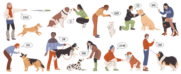 Dog training. Cartoon obedient pets carry out dog different handler commands, owner trains animals, outdoor puppy active teaching on professional playground tidy vector cartoon flat set © YummyBuum