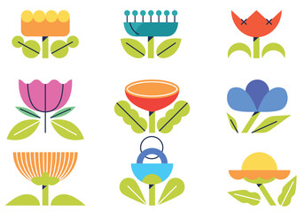 Various colorful flowers. Set of decorative floral design elements. Flat cartoon vector illustration. Illustration of nature flower spring and summer in garden