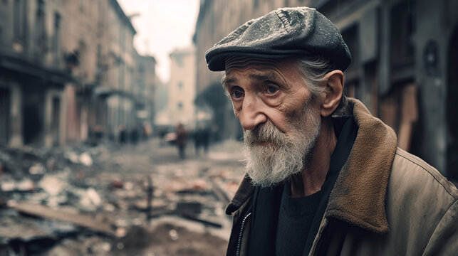 Sad Old Man in a Destroyed City Generative AI