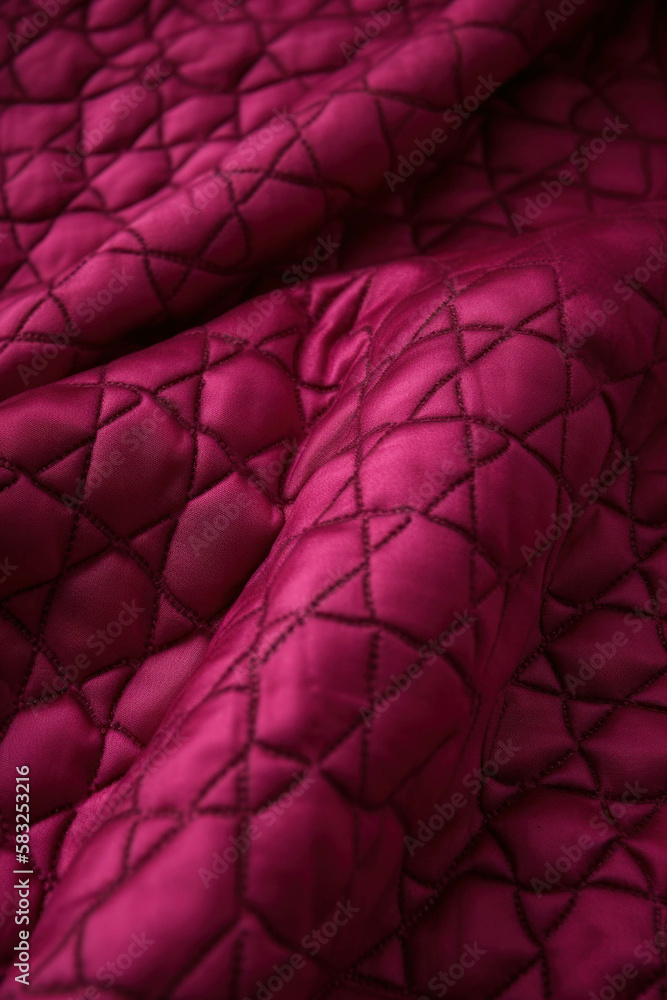 Poster a closeup image of a striking magenta quilted fabric with its beautiful diamond pattern sching. tren