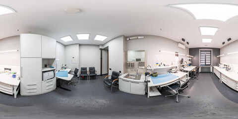 360 hdri panorama inside interior of modern research medical laboratory or ophthalmological clinic with equipment in equirectangular spherical projection. Generative Ai - obrazy, fototapety, plakaty
