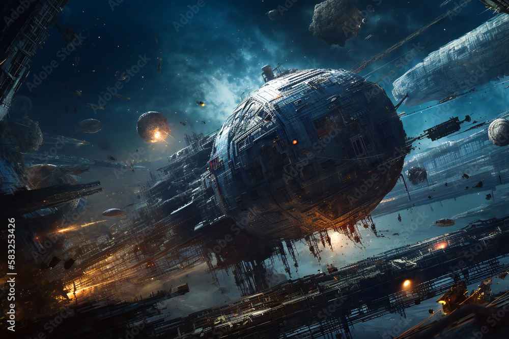 Poster giant space ship being damaged after a space battle. created with generative ai technology.