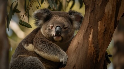 A rotund koala snuggled up in a tree Generative AI