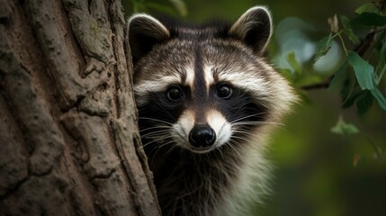 Fototapeta premium A chubby raccoon peeking out from behind a tree Generative AI