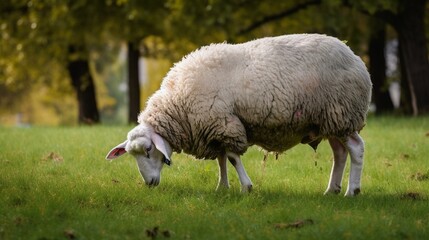 Obraz premium A round and fluffy sheep grazing in a meadow Generative AI