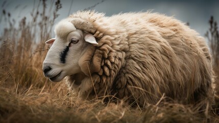 Obraz premium A round and fluffy sheep grazing in a meadow Generative AI