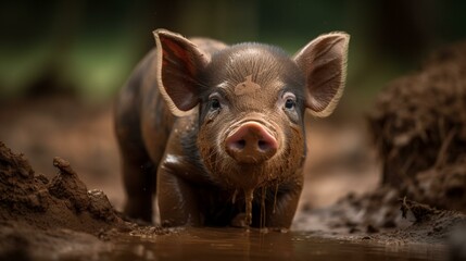 A plump little piglet snuffling around in the mud Generative AI